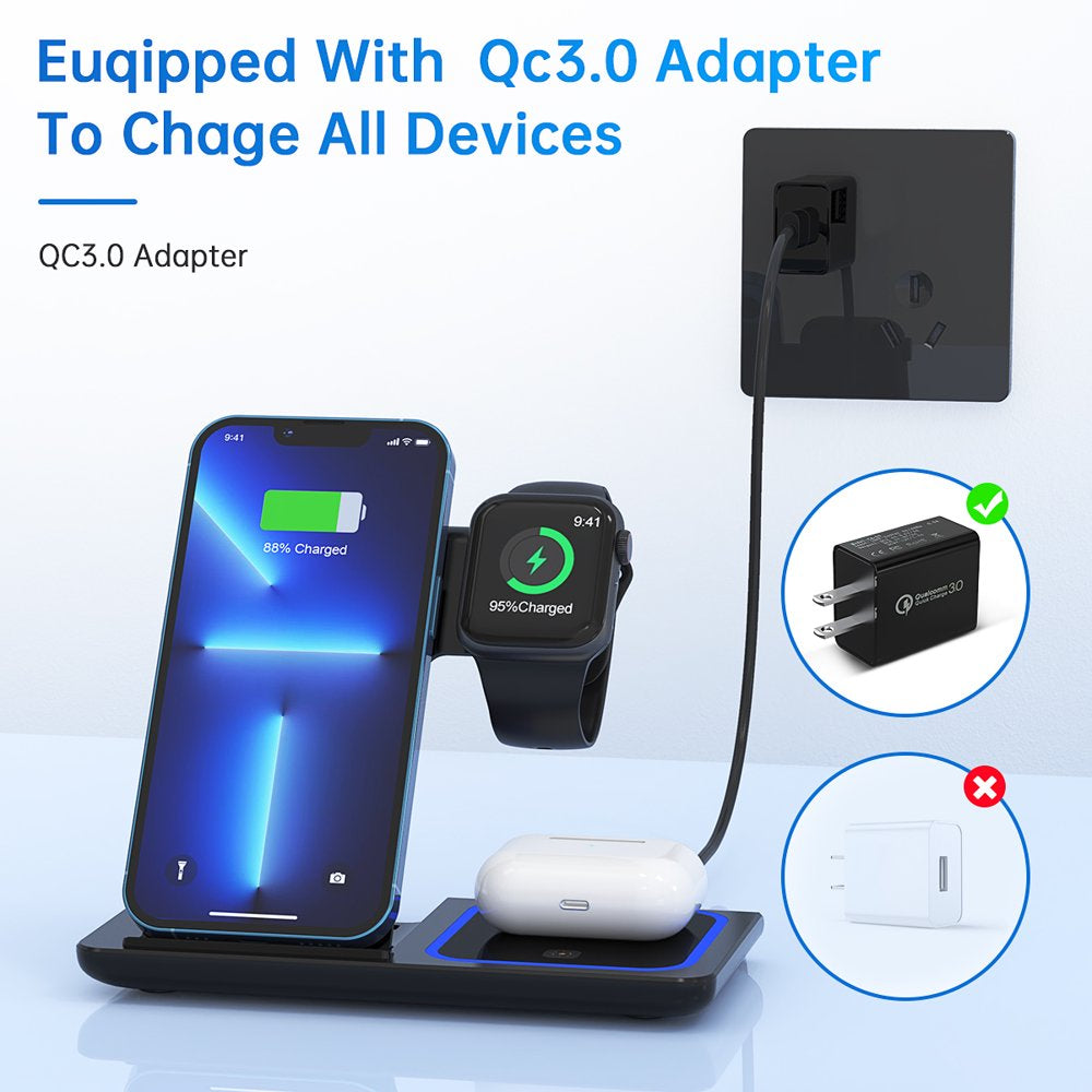 3 in 1 Wireless Charger, 18W Fast Charger Pad Stand Charging Station Dock for Iwatch Series SE 8/7/6/5/4/3 Airpods Pro/3/2 for Iphone 15/14/13/12 /11/Pro Max/12 Pro /XR (With QC3.0 Adapter)