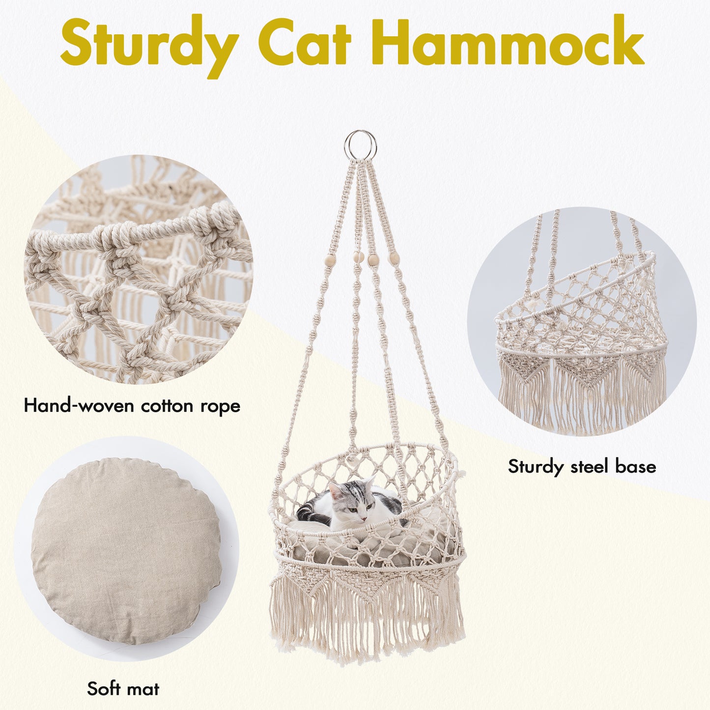 Macrame Cat Hammock, Hanging Cat Bed Hammock Cat Swing for Indoor Cats